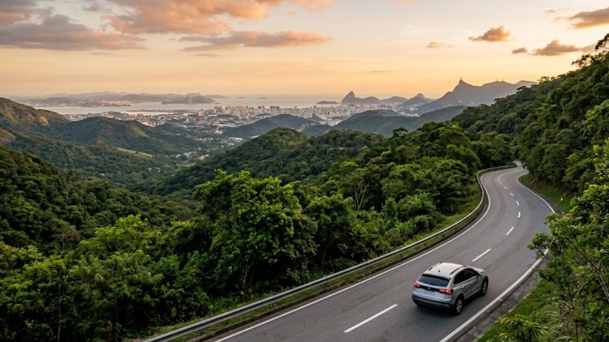 Vista aérea de um carro prata em uma estrada sinuosa cercada por mata atlântica com a cidade do Rio de Janeiro ao fundo.