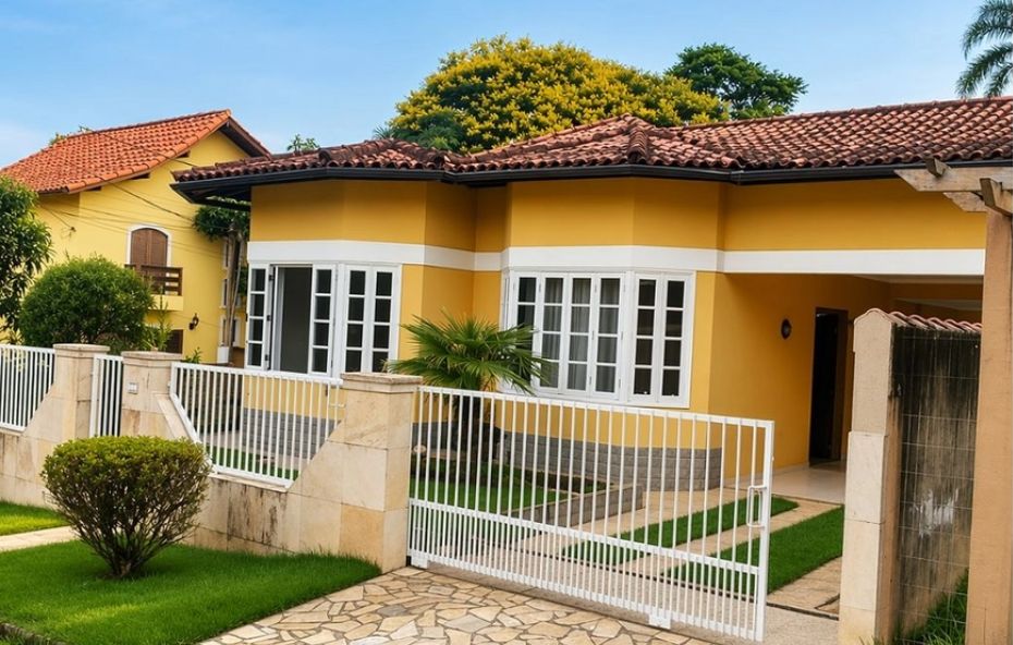 Fachada de uma casa térrea amarela com janelas brancas de estilo colonial e portão de grade branca sob céu claro.