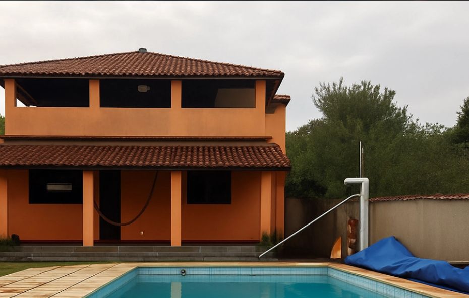 Fachada de uma casa de dois pavimentos em tom laranja vibrante com varanda coberta frente a uma piscina de azulejos claros.