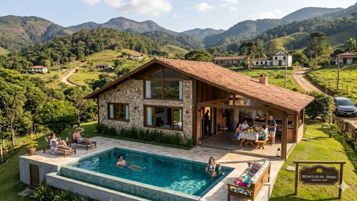 Fotografia realista de uma casa de campo em Ipiabas com piscina de borda infinita e área gourmet integrada às montanhas.