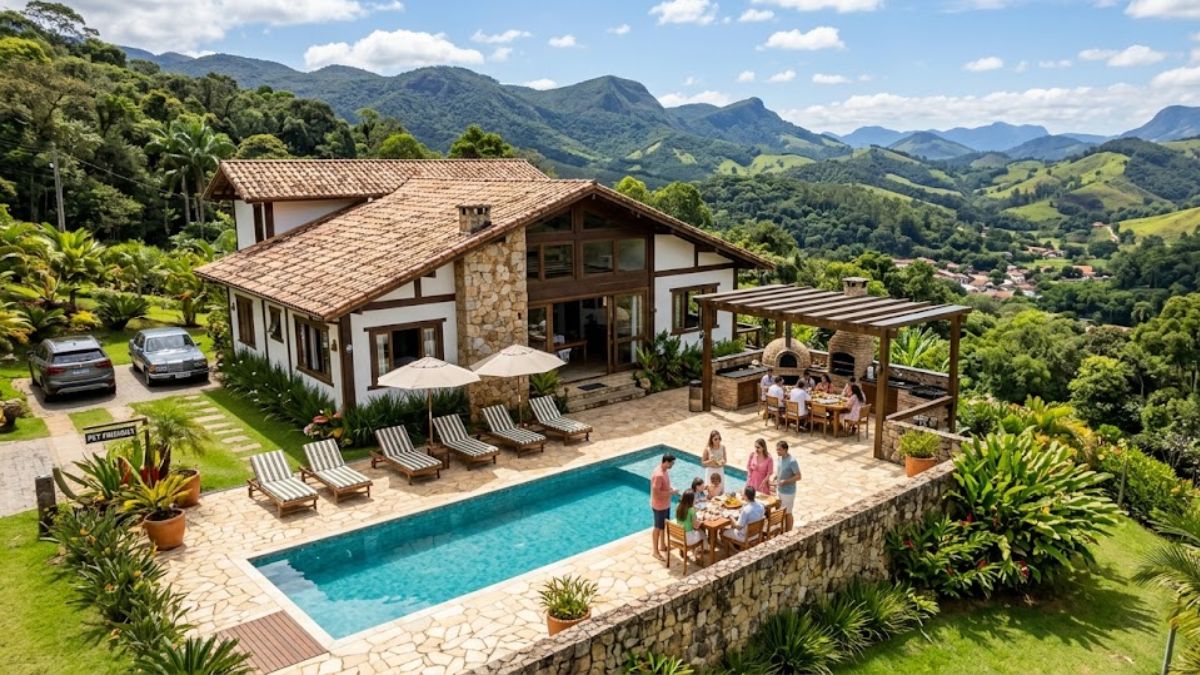 Vista aérea de uma casa de campo luxuosa em Ipiabas com piscina azul, área gourmet externa e montanhas ao fundo.