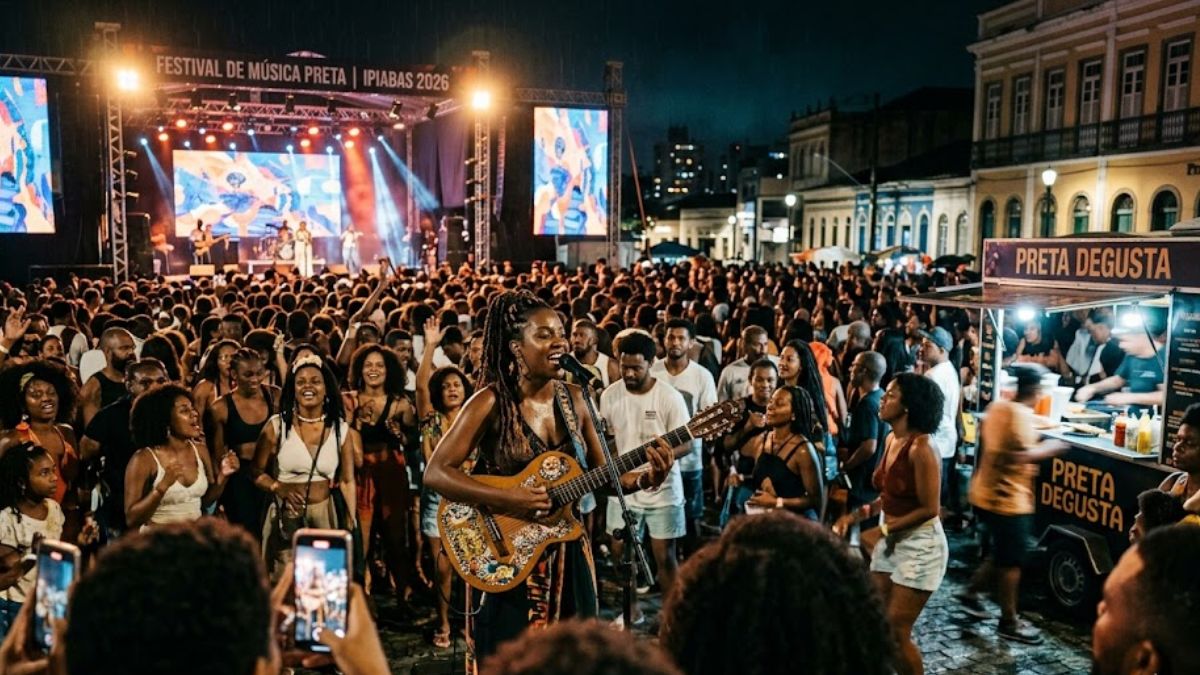 Fotografia aérea de uma multidão em uma praça histórica à noite, com uma artista negra tocando violão em destaque, palco iluminado ao fundo e um food truck com a inscrição Preta Degusta à direita.
