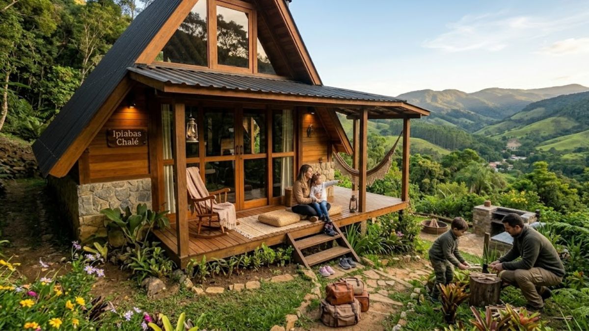 Um chalé de madeira rústico e acolhedor em Ipiabas, com uma família relaxando na varanda e interagindo com a natureza, diante de uma paisagem montanhosa deslumbrante no Vale do Café fluminense.