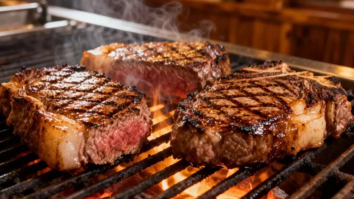 Três cortes de carne bovina sendo preparados na grelha com marcas de parrilla, exterior dourado e interior suculento ao ponto.