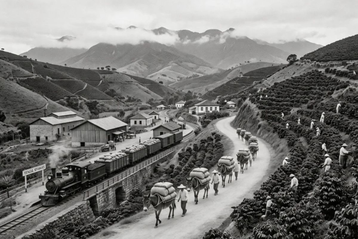 Fotografia em preto e branco de uma paisagem rural montanhosa com uma ferrovia e trem à esquerda, uma estrada de terra com tropeiros e mulas carregadas no centro, e colinas cultivadas com trabalhadores colhendo café à direita. Há uma pequena vila no fundo e montanhas distantes cobertas por nuvens.