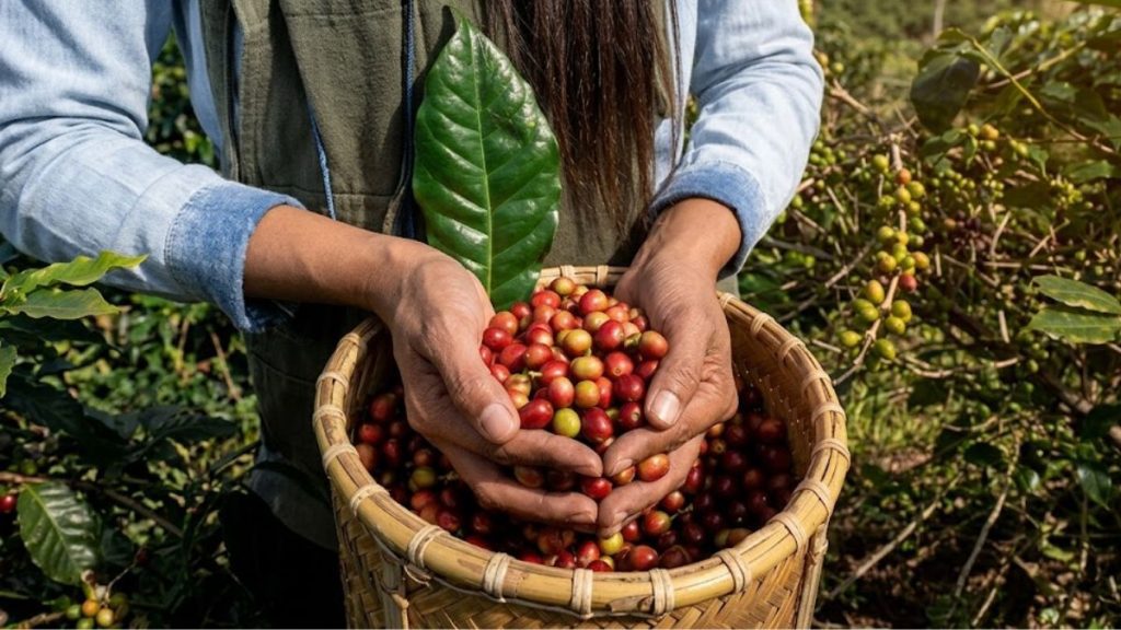 Uma fotografia de close-up das mãos de uma trabalhadora em Barra do Piraí, Rio de Janeiro, segurando um punhado de grãos de café recém-colhidos. Ela está usando uma jaqueta jeans e um colete verde. Os grãos estão em uma cesta de vime tecida. Ao fundo, há arbustos de café com grãos verdes e vermelhos e folhas verdes sob a luz solar brilhante.