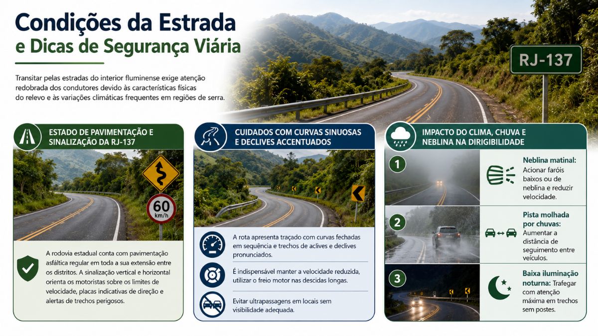 Infográfico sobre condições da estrada e dicas de segurança viária na rodovia RJ-137 entre os distritos de Ipiabas e Conservatória.