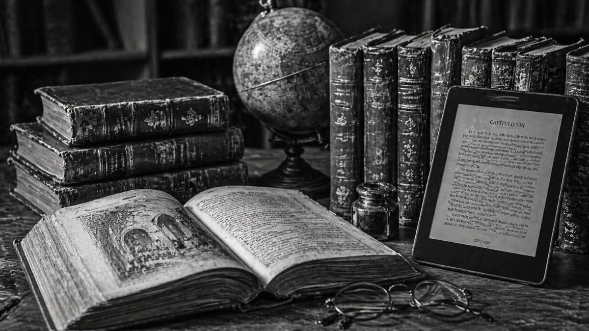Fotografia em escala de cinza mostrando uma pilha de livros antigos, um livro aberto com ilustrações, um globo terrestre e um leitor digital.