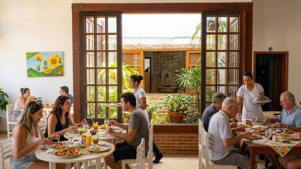 Clientes sentados em mesas de madeira almoçam em um restaurante iluminado com grandes portas abertas para um pátio interno com fonte e plantas.