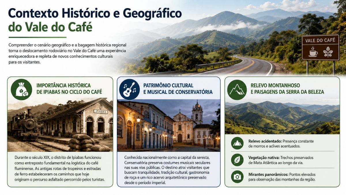 Infográfico sobre o contexto histórico e geográfico do Vale do Café, destacando Ipiabas no ciclo do café, Conservatória e a Serra da Beleza.