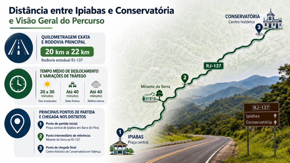 Infográfico explicativo sobre a distância entre Ipiabas e Conservatória, apresentando detalhes do percurso rodoviário pela RJ-137 no Vale do Café.