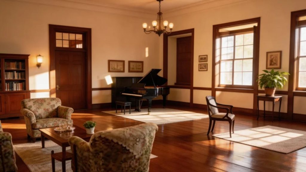 Imagem de uma sala de estar elegante com piso de madeira, um piano de cauda ao centro, poltronas florais e grandes janelas por onde entra a luz do sol, criando um ambiente acolhedor.