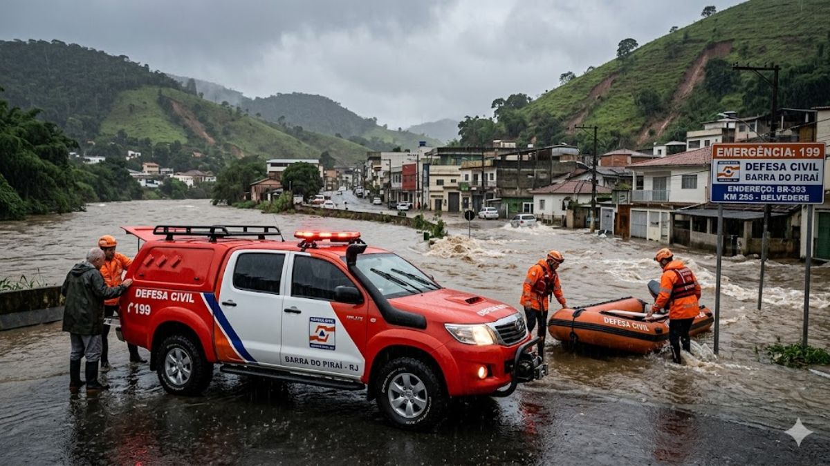 Foto ultra realista de uma caminhonete vermelha e branca da Defesa Civil de Barra do Piraí estacionada em rua alagada ao lado de agentes operando um bote inflável de resgate sob céu nublado e cenário de encostas.