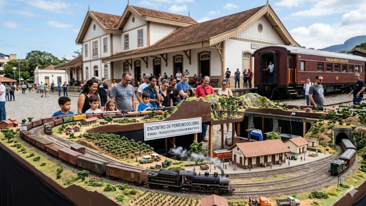 Fotografia realista de uma grande maquete ferroviária detalhada em primeiro plano com pessoas observando e a Estação de Ipiabas ao fundo.