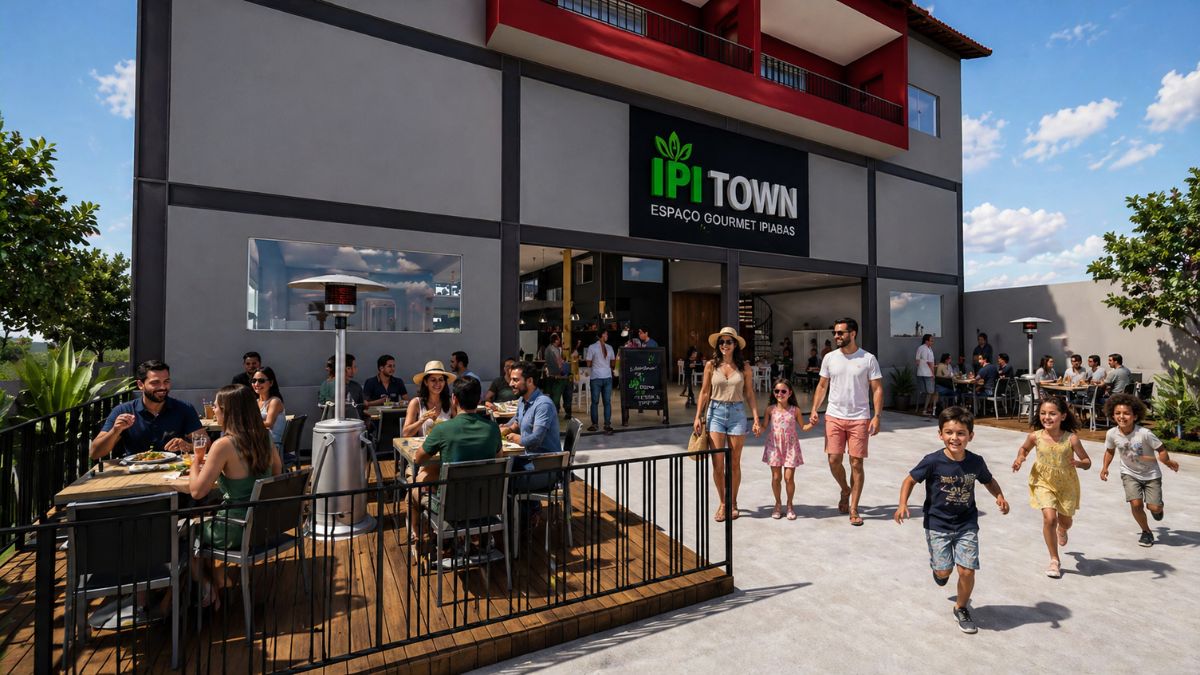 Fotografia da fachada moderna do Ipitown em Ipiabas mostrando pessoas em mesas externas de madeira e crianças correndo em área aberta.
