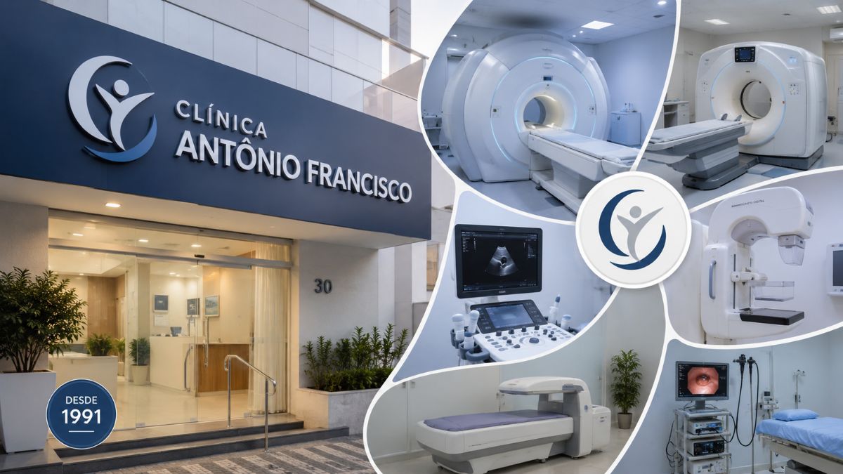Infográfico mostrando a fachada da Clínica Antônio Francisco em Barra do Piraí e salas com aparelhos modernos de ressonância magnética, tomografia, ultrassonografia, densitometria óssea, mamografia digital e endoscopia.