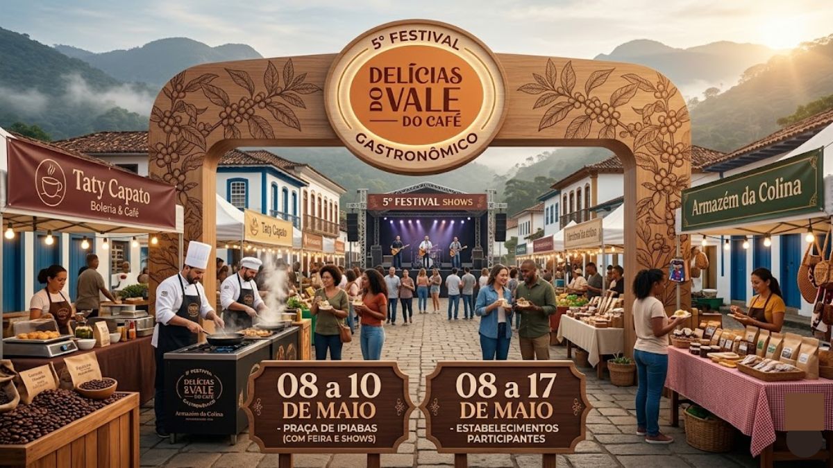 Fotografia realista de feira gastronômica em praça histórica com barracas de madeira, chefs cozinhando e pórtico do Festival Delícias do Vale.