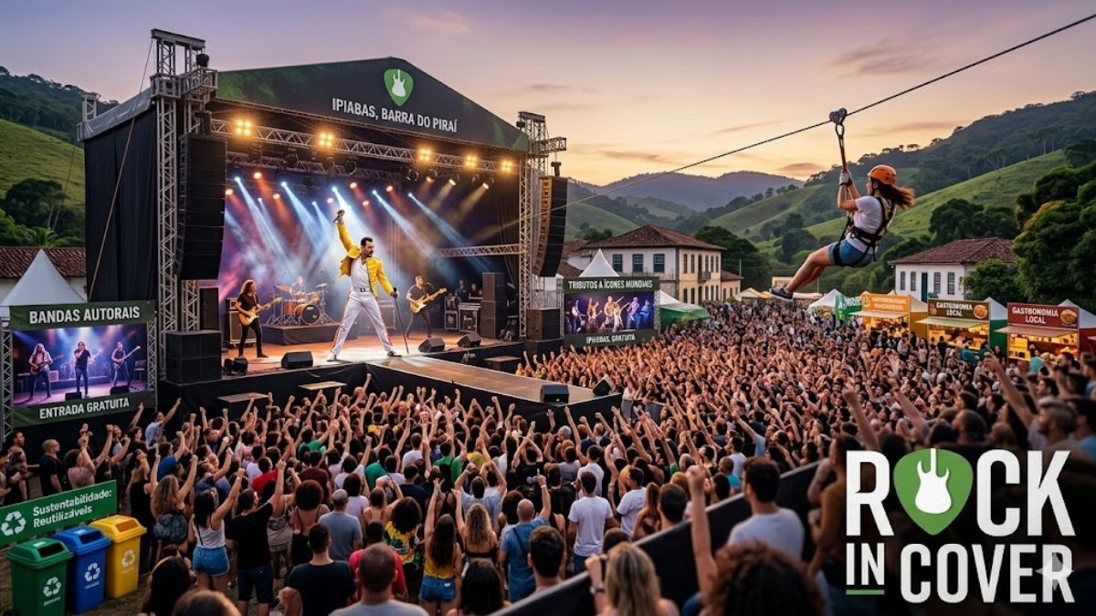 Fotografia panorâmica de um festival de música ao ar livre em Ipiabas, Barra do Piraí. Um grande palco exibe uma banda cover do Queen com um sósia de Freddie Mercury cantando. Milhares de pessoas assistem com as mãos para cima. À direita, uma pessoa desce uma tirolesa sobre a multidão. As colinas verdes cercam o local ao entardecer. Barracas de comida e sinalização de sustentabilidade são visíveis. O logotipo do Rock in Cover está no canto inferior.