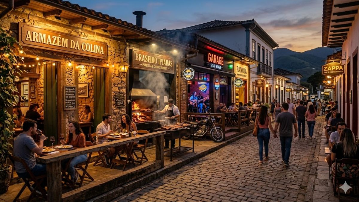 Fotografia ultra realista de uma charmosa rua de paralelepípedos em Ipiabas durante o crepúsculo com restaurantes iluminados e pessoas jantando.