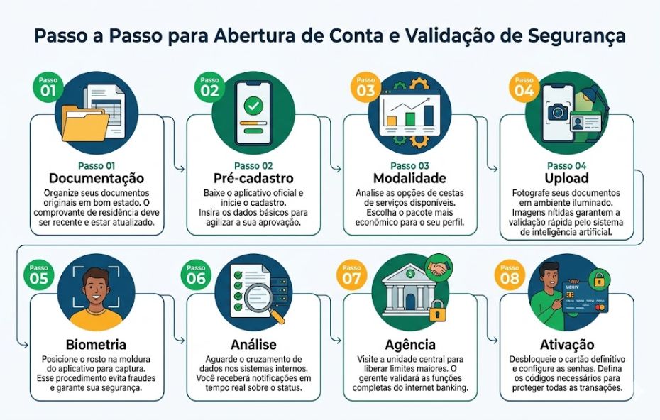 Um infográfico profissional com fundo claro apresenta oito passos sequenciais para abrir uma conta bancária com segurança. Cada passo possui um número, um ícone ilustrativo colorido dentro de um círculo verde ou dourado, e um texto descritivo. Setas conectam os passos em duas linhas de quatro. O título no topo diz "Passo a Passo para Abertura de Conta e Validação de Segurança".
