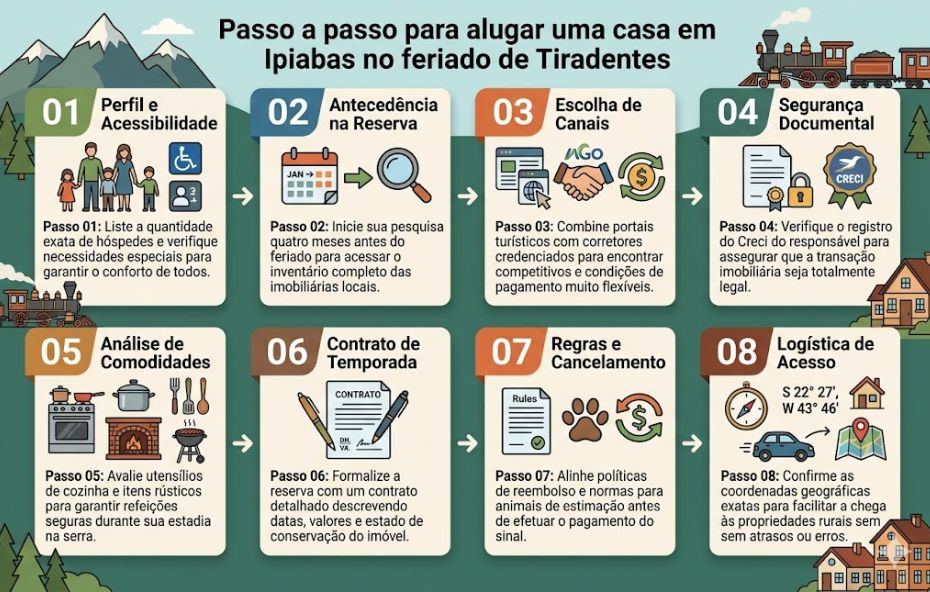 Um infográfico intitulado Passo a passo para alugar uma casa em Ipiabas no feriado de Tiradentes. O gráfico exibe oito painéis numerados organizados em duas linhas de quatro com setas indicando o fluxo. O design é limpo e moderno com uma paleta de cores verde azul laranja e marrom. Ilustrações sutis de montanhas árvores e uma cidade histórica decoram as bordas. Cada painel inclui um cabeçalho um ícone ilustrativo e um texto curto. Linha 1: 01 Perfil e Acessibilidade com ícone de família e cadeira de rodas; 02 Antecedência na Reserva com calendário e lupa; 03 Escolha de Canais com computador e aperto de mão; 04 Segurança Documental com documento selo e distintivo CRECI. Linha 2: 05 Análise de Comodidades com fogão panelas e churrasqueira; 06 Contrato de Temporada com caneta assinando contrato e calendário; 07 Regras e Cancelamento com documento de regras pata de cachorro e seta de reembolso; 08 Logística de Acesso com bússola coordenadas e carro no mapa. Todo o texto está em português correto.
