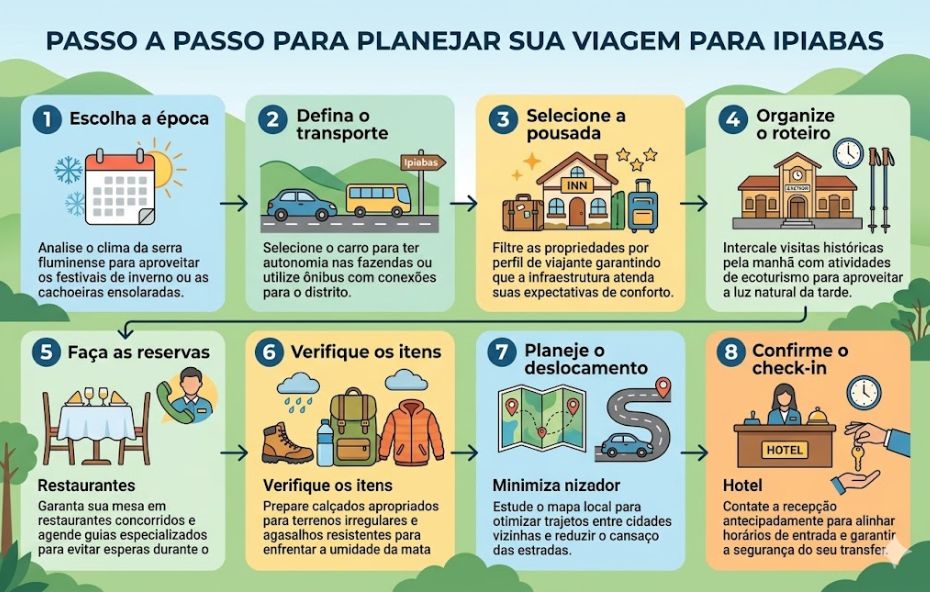 Um infográfico colorido em estilo ilustrativo intitulado PASSO A PASSO PARA PLANEJAR SUA VIAGEM PARA IPIABAS organizado em oito blocos numberedos em duas linhas de quatro com setas indicando o fluxo. O bloco um Escolha a época mostra um calendário flocos de neve e sol com texto sobre analisar o clima. O bloco dois Defina o transporte exibe um carro e ônibus com uma placa Ipiabas e texto sobre opções de transporte. O bloco três Selecione a pousada tem uma pousada camas e malas com texto sobre filtrar por perfil de viajante. O bloco quatro Organize o roteiro exibe uma estação de trem relógios e bastões de caminhada com texto sobre intercalar visitas históricas e ecoturismo. O bloco cinco Faça as reservas na segunda linha mostra uma mesa de restaurante e um telefonista com texto sobre reservas de restaurantes e guias. O bloco seis Verifique os itens tem uma bota de caminhada mochila garrafa de água e casaco sob nuvens com texto sobre roupas e calçados apropriados. O bloco sete Planeje o deslocamento exibe um mapa com pinos e uma estrada sinuosa com texto sobre otimizar trajetos. O bloco oito Confirme o check-in tem uma recepcionista um relógio e mãos trocando uma chave de hotel com texto sobre contatar a recepção. O fundo do infográfico é uma paisagem montanhosa verde e o texto em cada bloco detalha as ações recomendadas.