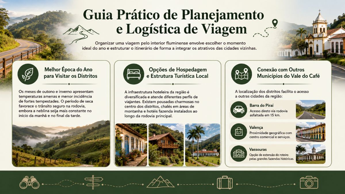 Infográfico com guia prático de planejamento e logística de viagem entre Ipiabas e Conservatória, destacando hospeda e conexões regionais.