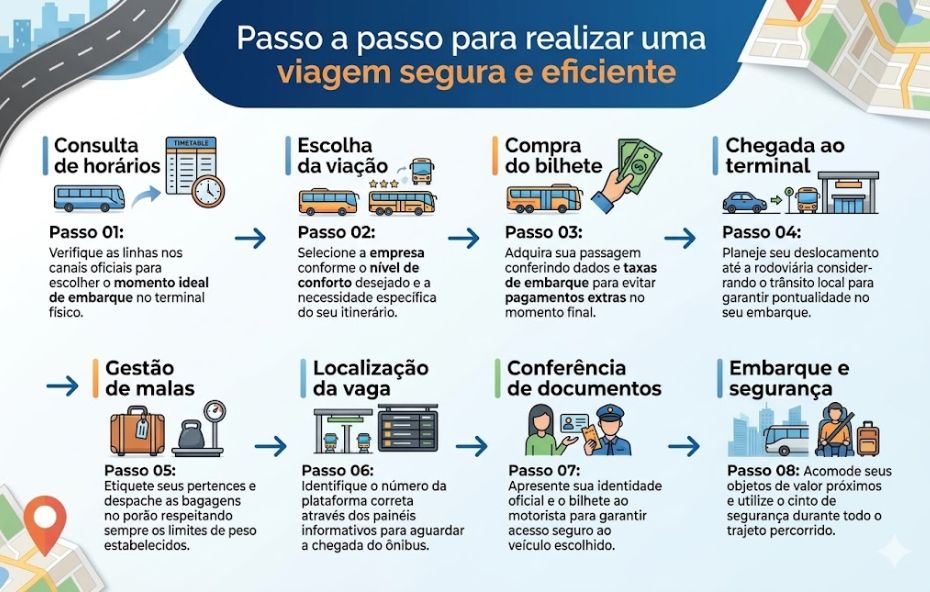 Infográfico educativo organizado em oito etapas ilustradas que explicam o processo completo de uma viagem segura de ônibus na Rodoviária de Barra do Piraí.