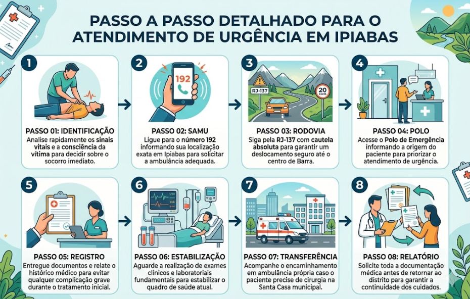 Um infográfico educativo com oito quadros numerados detalhando o fluxo de socorro médico de Ipiabas até Barra do Piraí. As ilustrações mostram desde a análise inicial da vítima, o acionamento do SAMU via telefone, o trajeto pela rodovia RJ-137, até o atendimento no Polo de Emergência e a transferência hospitalar final.