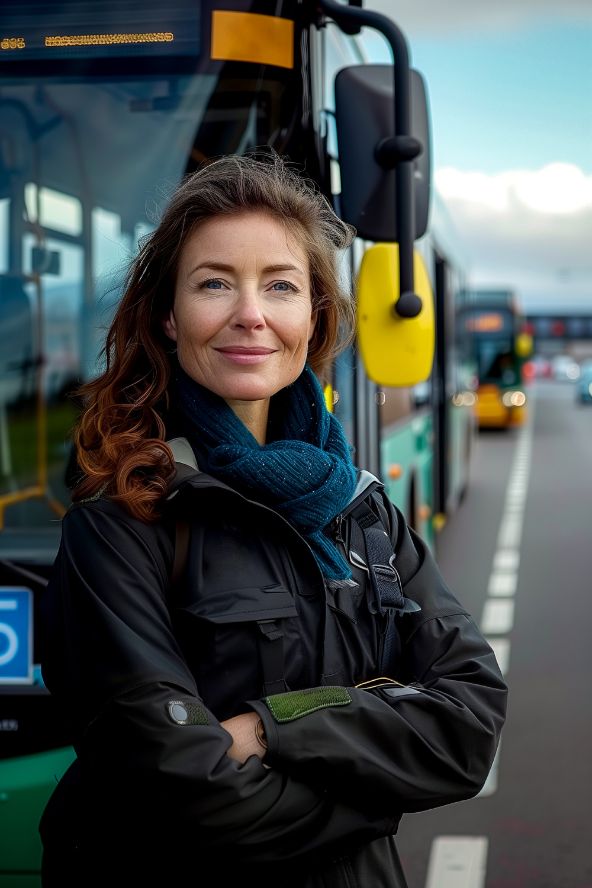 Mulher motorista de ônibus usando uniforme preto e cachecol azul posa sorridente à frente do veículo na estrada de acesso ao município.