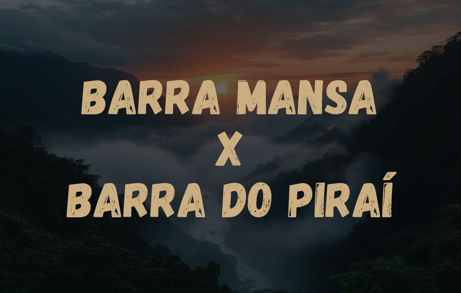 Card informativo com os nomes das cidades Barra Mansa X Barra do Piraí sobrepostos a uma fotografia de serra com nevoeiro.