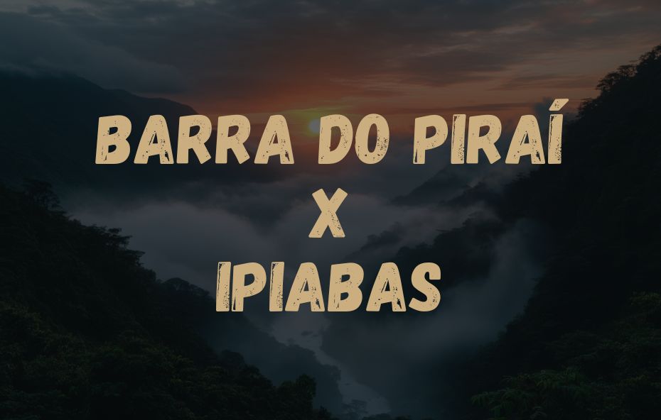Card visual informativo com os nomes das localidades Barra do Piraí X Ipiabas sobrepostos a uma foto de serra com nevoeiro.