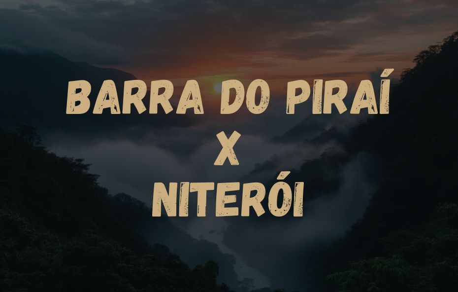 Informativo de viagem exibindo o trajeto Barra do Piraí X Niterói sobreposto a uma foto de montanhas com neblina ao entardecer.