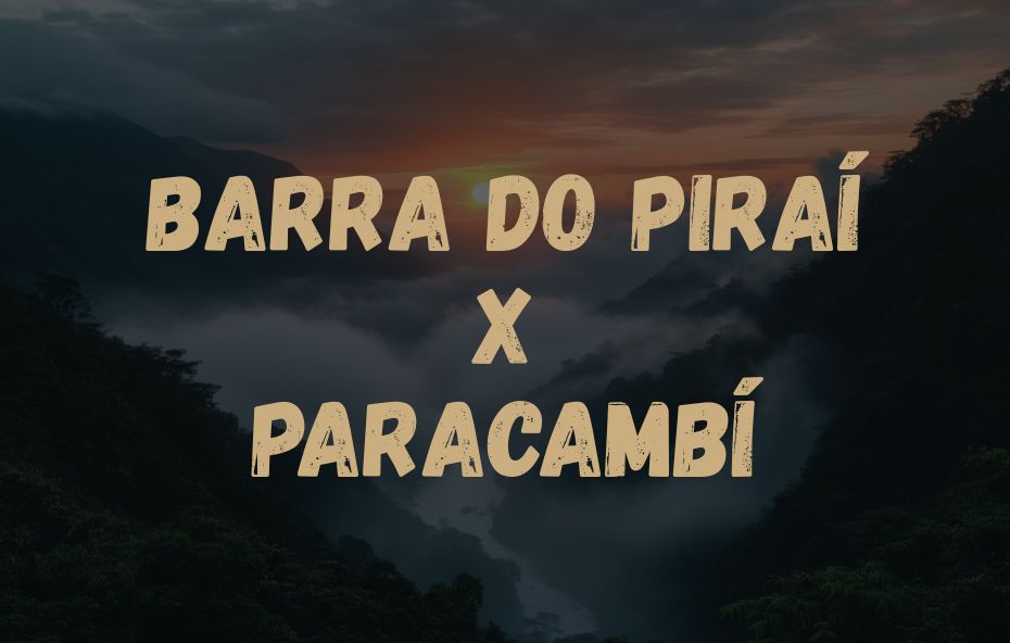 Card informativo da rota de ônibus Barra do Piraí X Paracambi sobreposto a uma fotografia de serra com nevoeiro ao anoitecer.