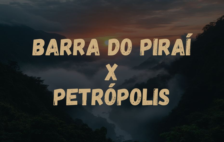 Informativo gráfico com a rota Barra do Piraí X Petrópolis escrita em letras beges sobre uma fotografia de serra com névoa.