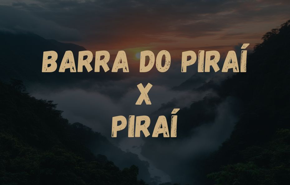 Card informativo com os nomes das cidades Barra do Piraí X Piraí sobrepostos a uma fotografia de serra com nevoeiro.