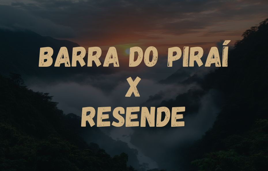 Card informativo com o trajeto de ônibus Barra do Piraí X Resende escrito em letras beges sobre uma fotografia de montanhas.