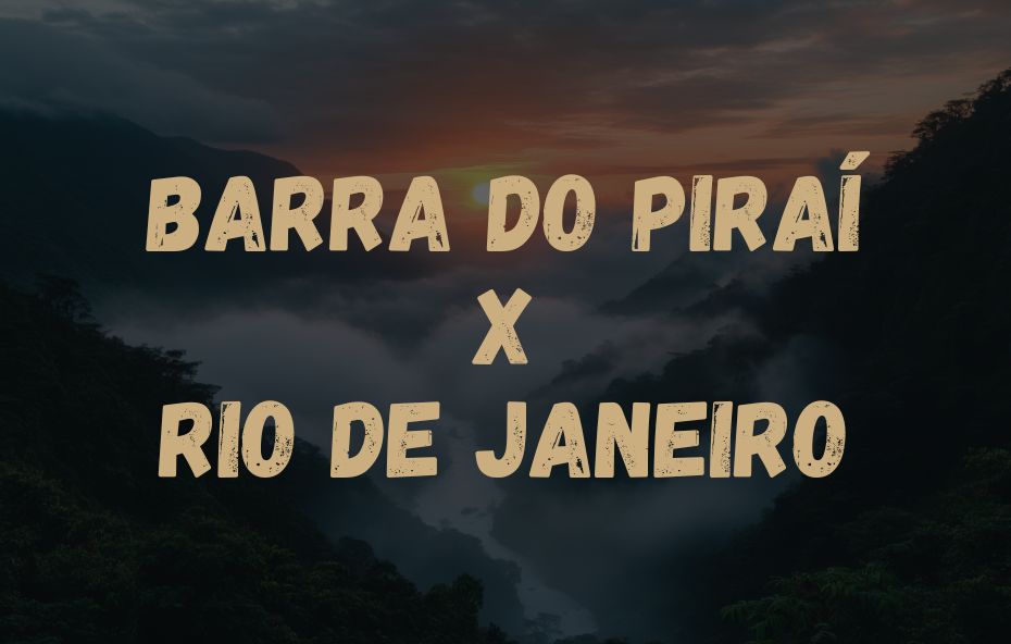 Informativo de transporte rodoviário com o trajeto Barra do Piraí X Rio de Janeiro sobreposto a uma foto de montanhas com neblina.