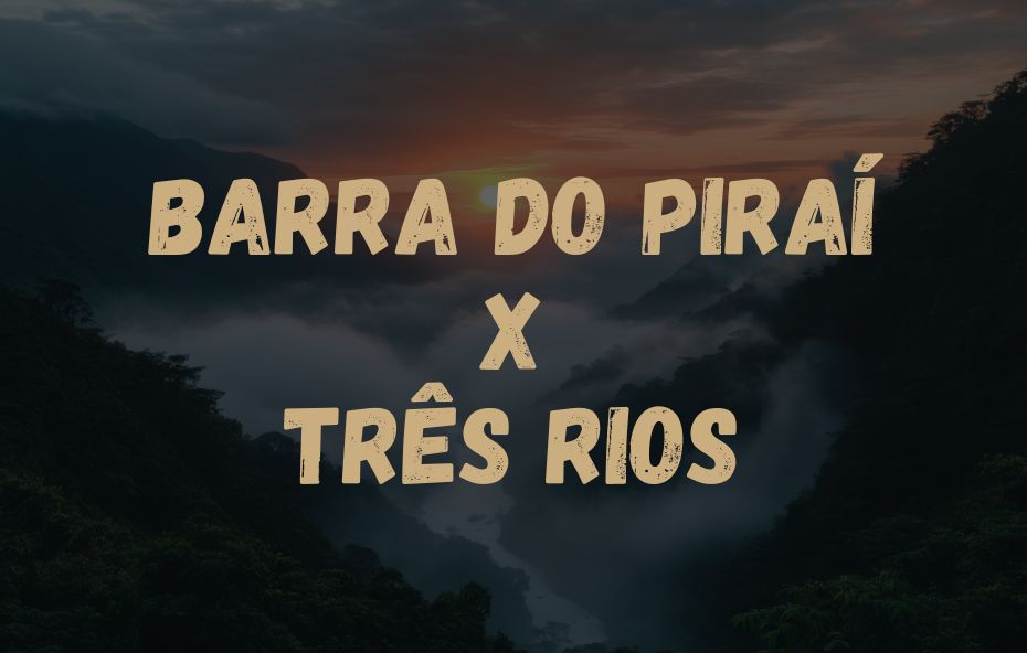 Card visual informativo apresentando o trajeto Barra do Piraí X Três Rios sobre uma fotografia de serra com névoa densa.