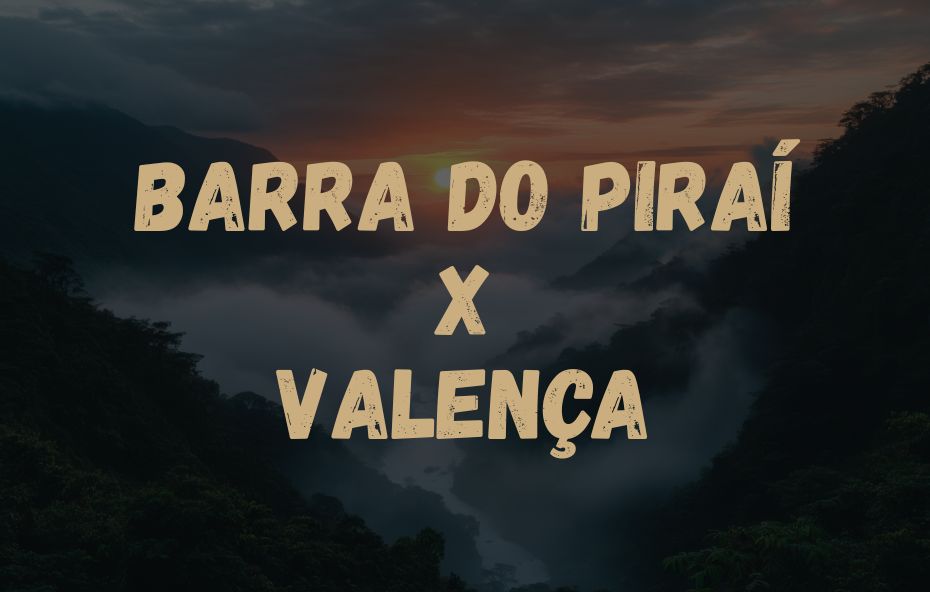 Card visual informativo com os nomes das cidades Barra do Piraí X Valença sobrepostos a uma foto de serra com nevoeiro.