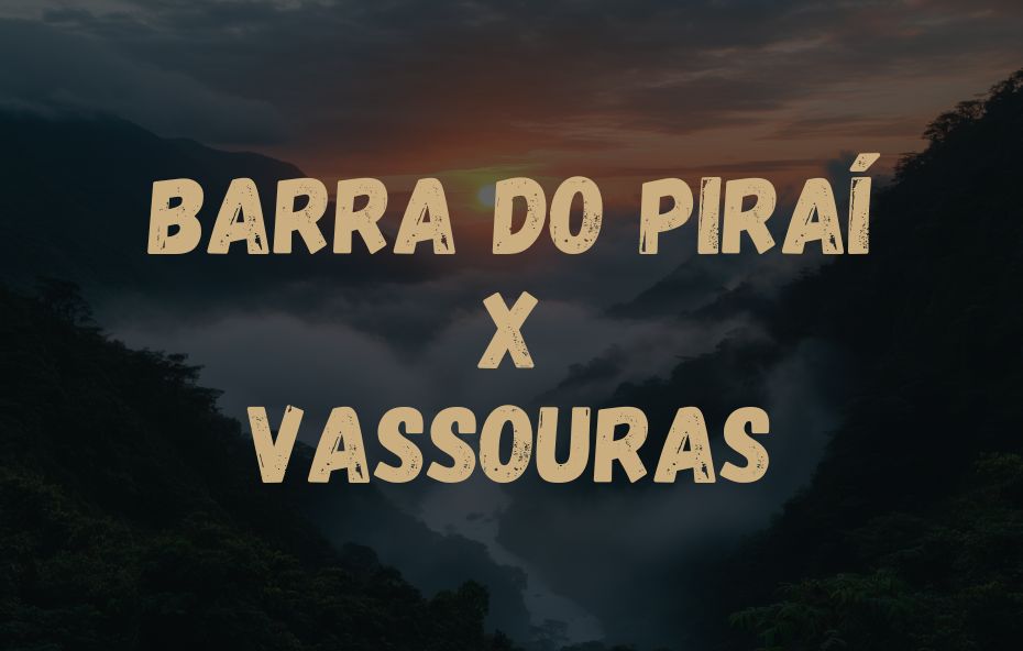 Card visual informativo apresentando o trajeto Barra do Piraí X Vassouras sobre uma fotografia da Serra de Ipiabas com névoa.