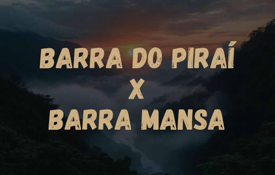 Card informativo com a rota Barra do Piraí versus Barra Mansa sobreposta a uma fotografia da serra com nevoeiro.