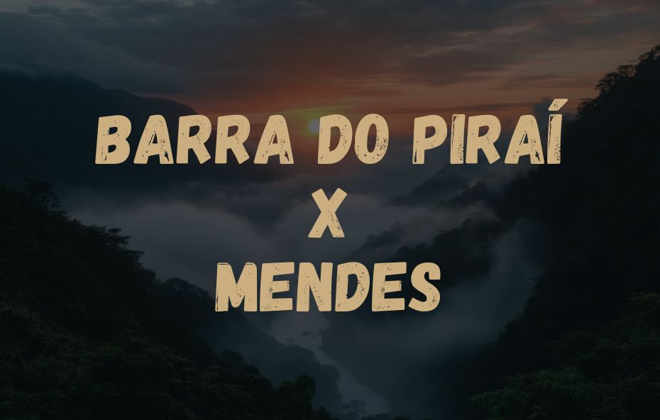 Imagem informativa indicando a rota de ônibus Barra do Piraí x Mendes sobreposta a uma paisagem de serra com nevoeiro.