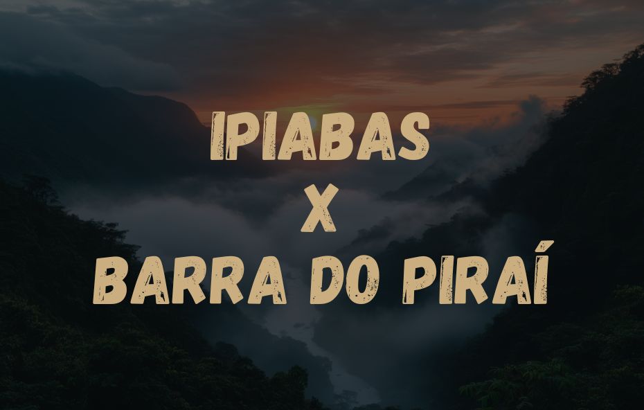 Card visual informativo com os nomes das localidades Ipiabas X Barra do Piraí sobrepostos a uma foto de serra com nevoeiro.
