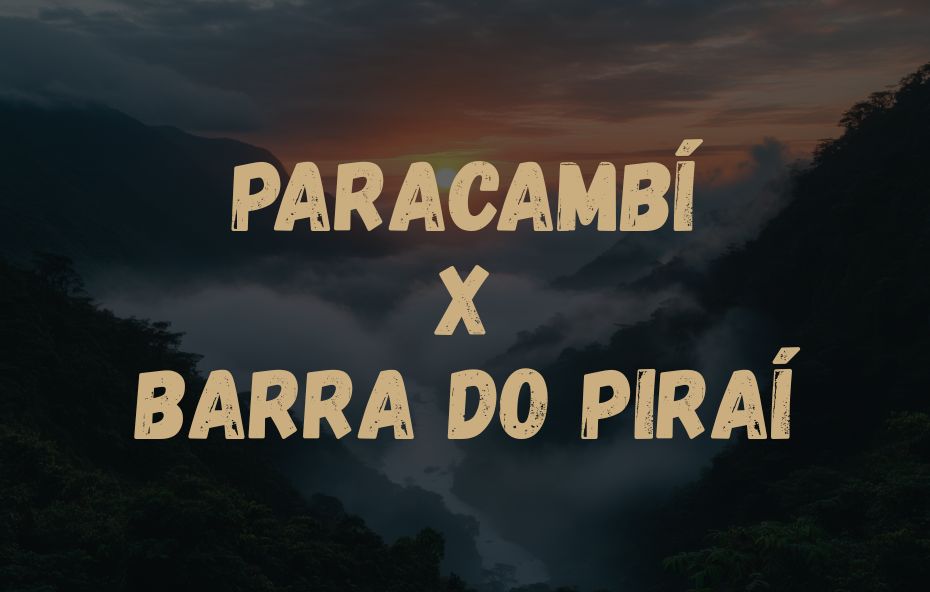 Card informativo exibindo o trajeto de ônibus Paracambi X Barra do Piraí sobre uma fotografia de serra com névoa densa.