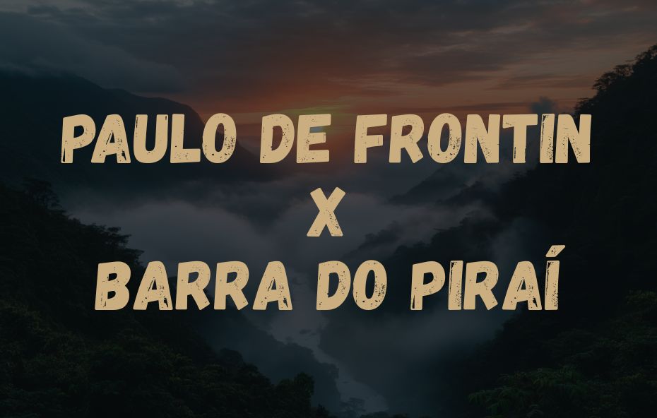 Informativo gráfico com o trajeto Paraíba do Sul X Paulo de Frontin escrito em letras beges sobre foto de serra com névoa.
