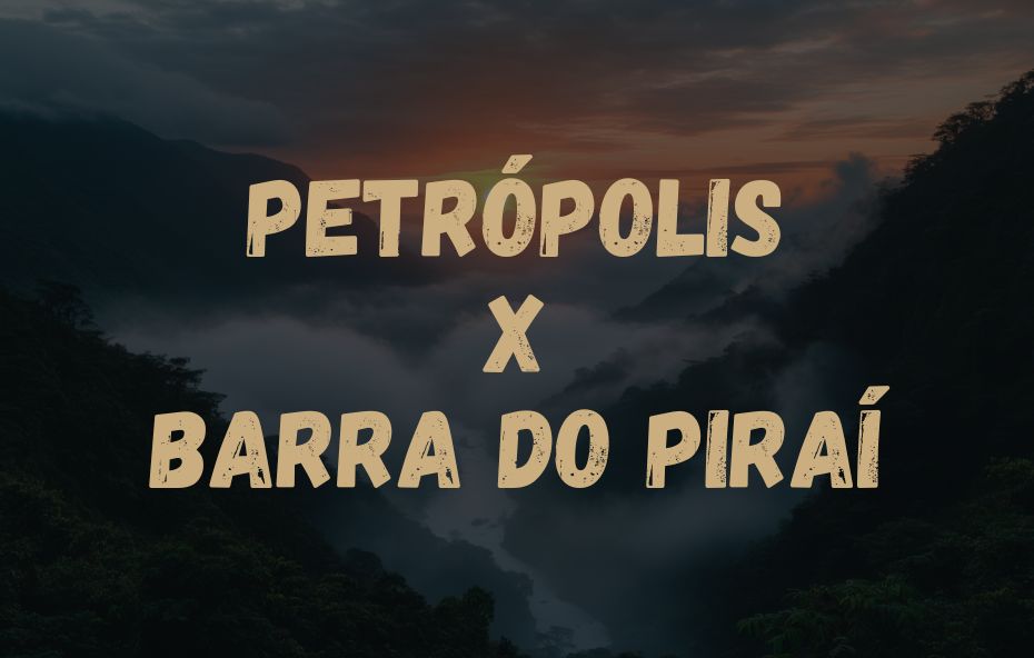 Card visual informativo com os nomes das cidades Petrópolis X Barra do Piraí sobrepostos a uma foto de serra com nevoeiro.