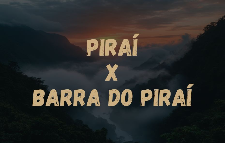 Card informativo com os nomes das cidades Piraí X Barra do Piraí sobrepostos a uma fotografia de serra com nevoeiro.