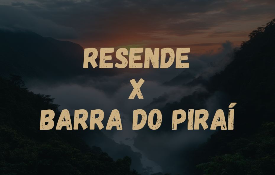 Card visual informativo com os nomes das cidades Resende X Barra do Piraí sobrepostos a uma foto de serra com nevoeiro.