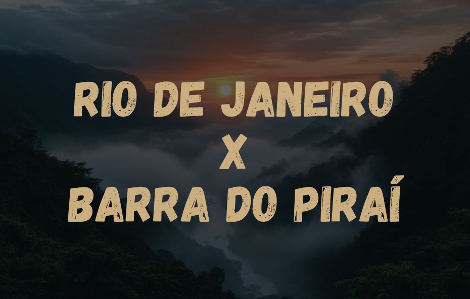 Card visual informativo com os nomes das cidades Rio de Janeiro X Barra do Piraí sobrepostos a uma foto de serra com nevoeiro.
